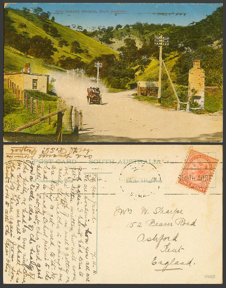 South Australia Q.V. 1d 1911 Old Postcard Adelaide Glen Osmond Vintage Motor Car