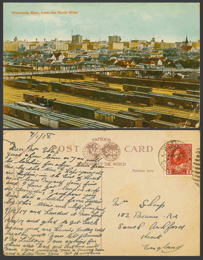 Canada 1918 Old Postcard Winnipeg Trains at Railway Station Bridge Railroad Rail
