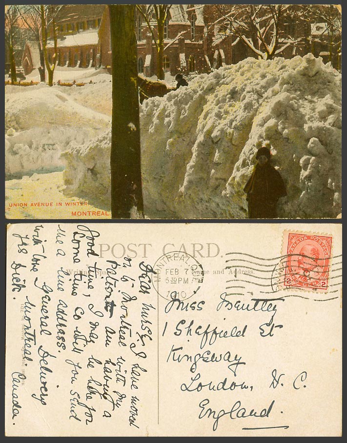 Canada 1910 Old Postcard Montreal Union Avenue in Winter Snow Snowy Street Scene