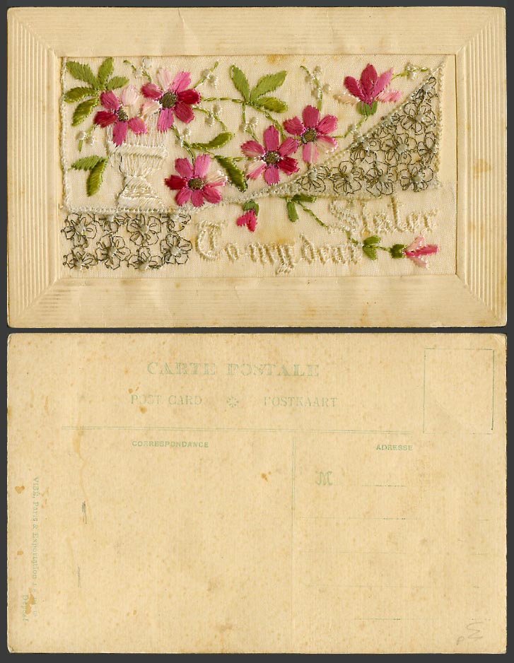 WW1 SILK Embroidered Old Postcard To My Dear Sister Flowers Empty Wallet Novelty