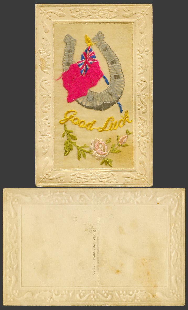 WW1 SILK Embroidered Old Postcard Good Luck, Horseshoe Flag Flowers Novelty G.E.