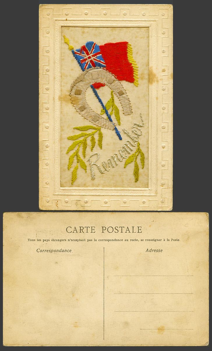 WW1 SILK Embroidered Old Postcard Remember, Horseshoe Horse Shoe, Flag, Novelty