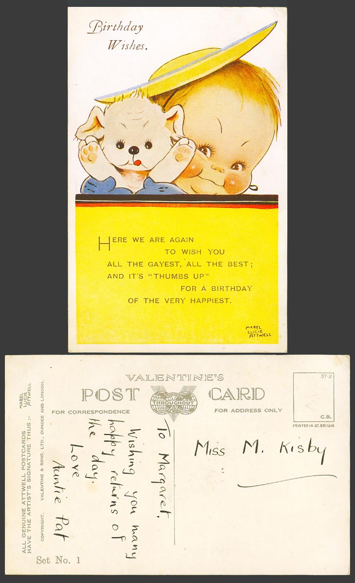 MABEL LUCIE ATTWELL Old Postcard Birthday Wishes, Thumbs Up, Dog Puppy Set No. 1