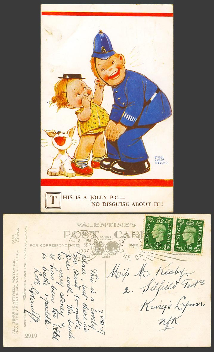 MABEL LUCIE ATTWELL 1937 Old Postcard Girl Police Dog, No Disguise About It 2919