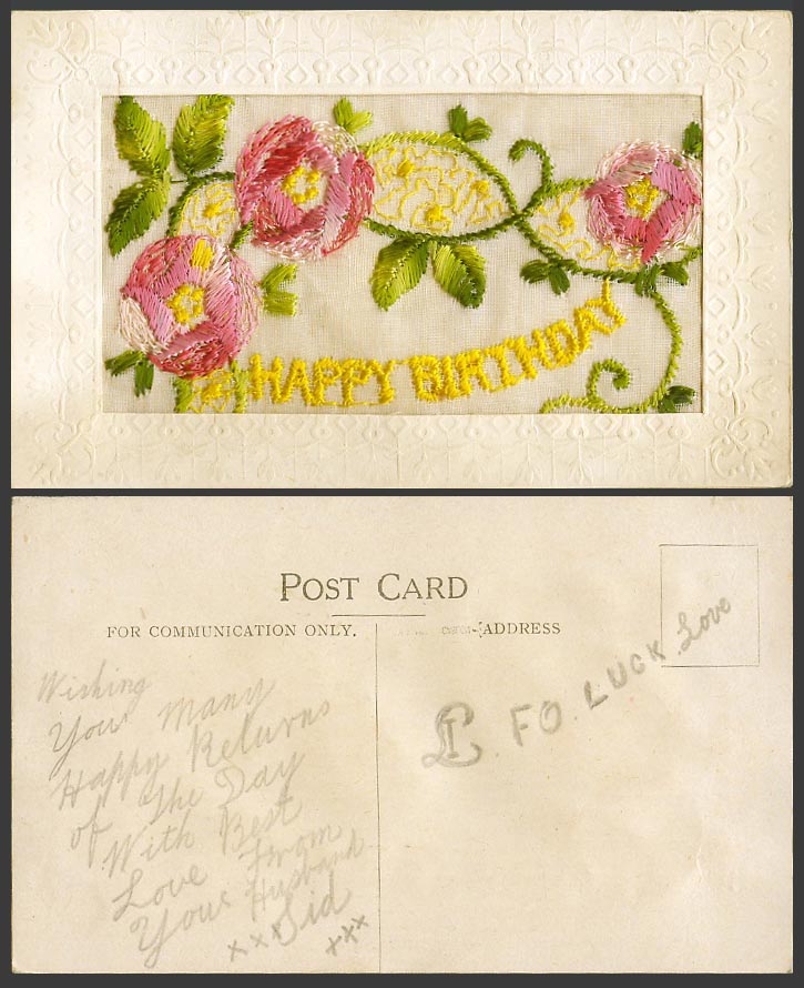 WW1 SILK Embroidered French Old Postcard Happy Birthday Flower Novelty Greetings