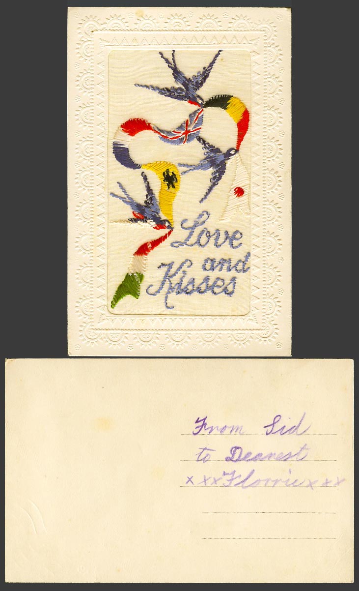 WW1 SILK Embroidered Old Postcard Love and Kisses Bird Birds Carrying Flag Flags