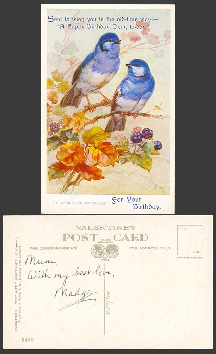 Blue Birds Bluebirds of Happiness Birthday, M. Bowley Artist Signed Old Postcard