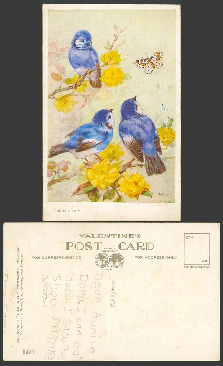 Bluebirds Blue Birds Butterfly Flowers Happy Days, M. Bowley Signed Old Postcard