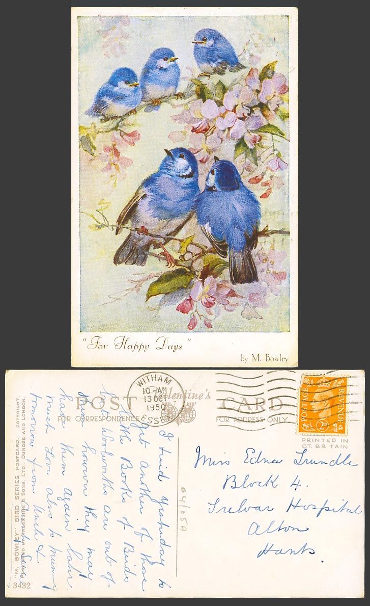 Bluebirds Blue Birds Flowers, For Happy Days, by M. Bowley 1950 Old Postcard Art