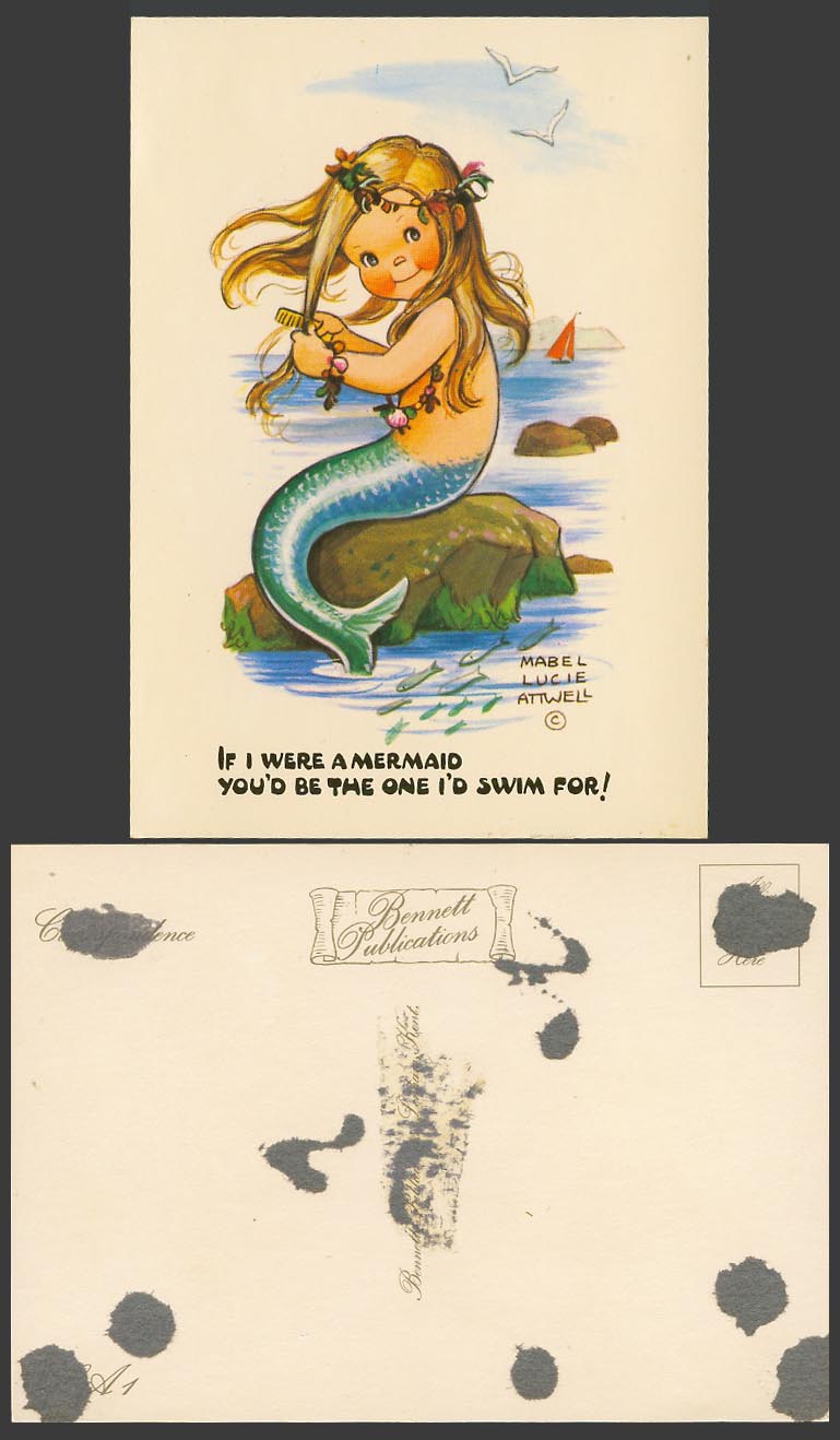Mabel Lucie Attwell Old Postcard If I Were Mermaid I'd Swim For You! Fish No.LA1
