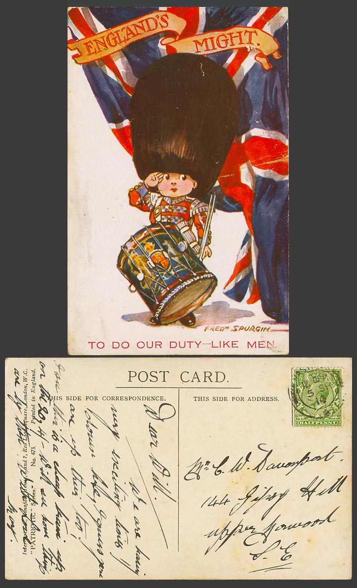 Fred Spurgin 1914 Old Postcard Guard Salute Drum Do Duty Like Men Flag Patriotic