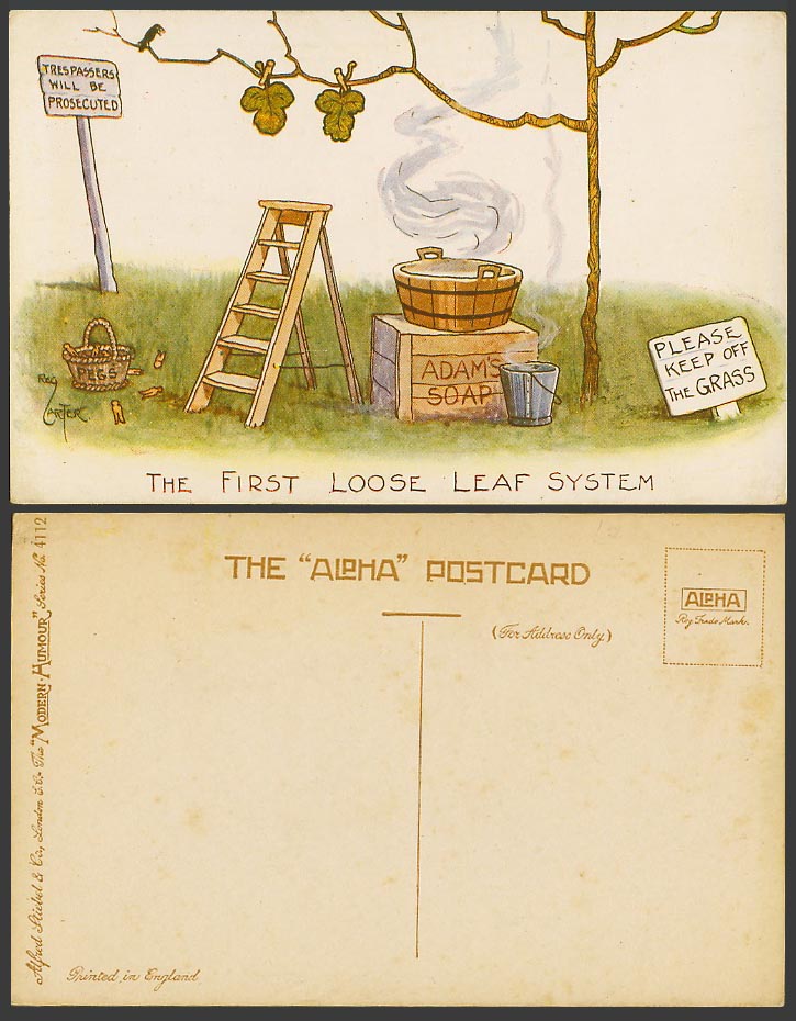 Reg Carter 1914 Old Postcard First Loose Leaf System, Adam's Soap Keep Off Grass