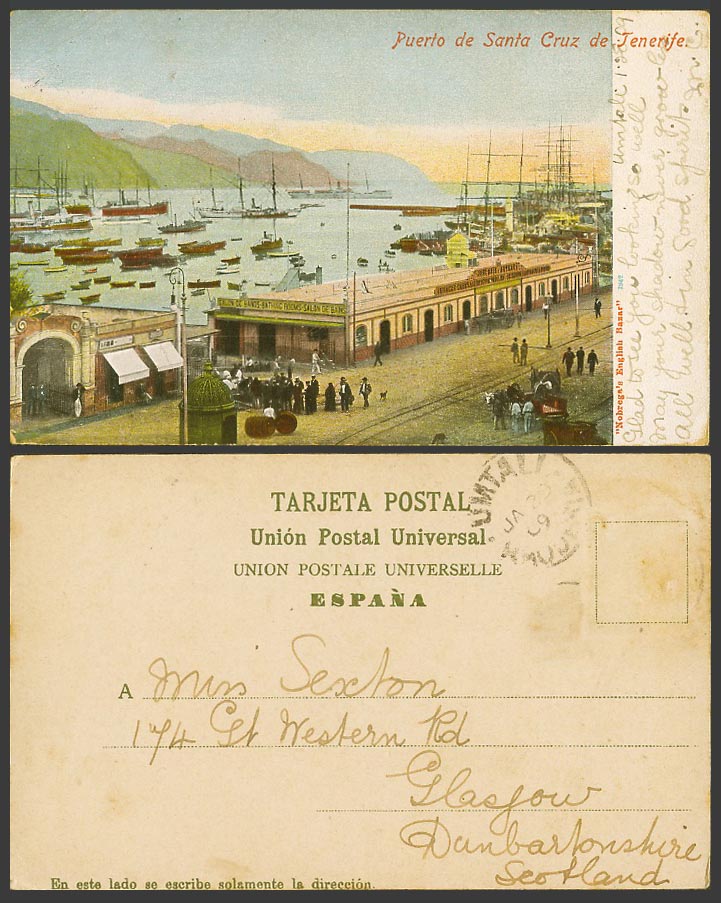 Spain 1909 Old UB Postcard Harbour Puerto de Santa Cruz de Tenerife Boats Street