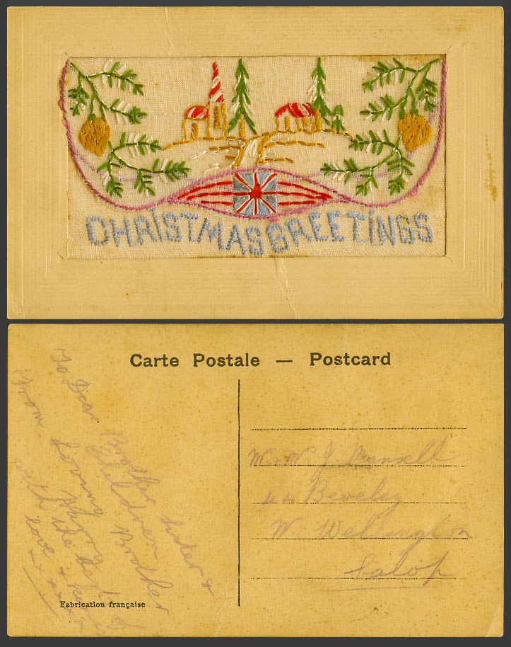 WW1 SILK Embroidered Old Postcard Christmas Greetings Cottage Church Flag Wallet