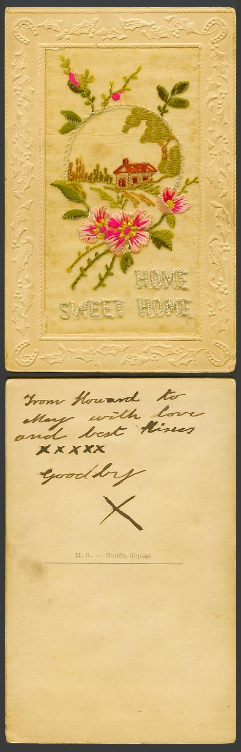 WW1 SILK Embroidered Old Postcard Home Sweet Home, Flowers Road to Cottage House
