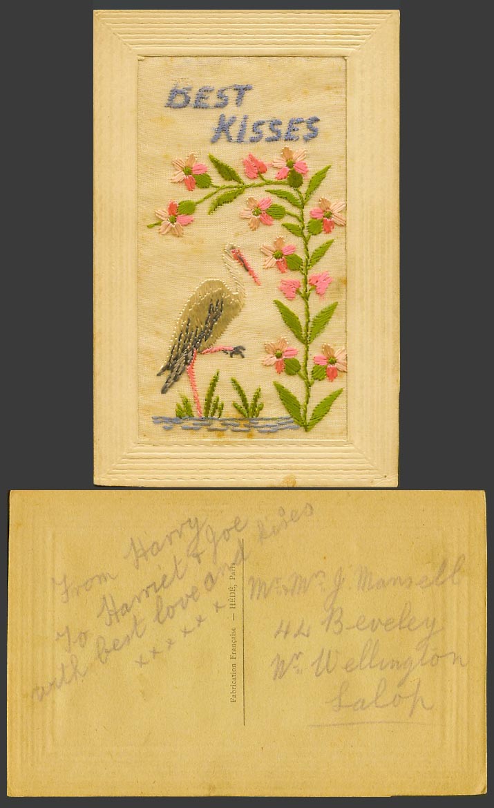 WW1 SILK Embroidered Old Postcard Crane Flamingo Bird and Flowers - Best Kisses