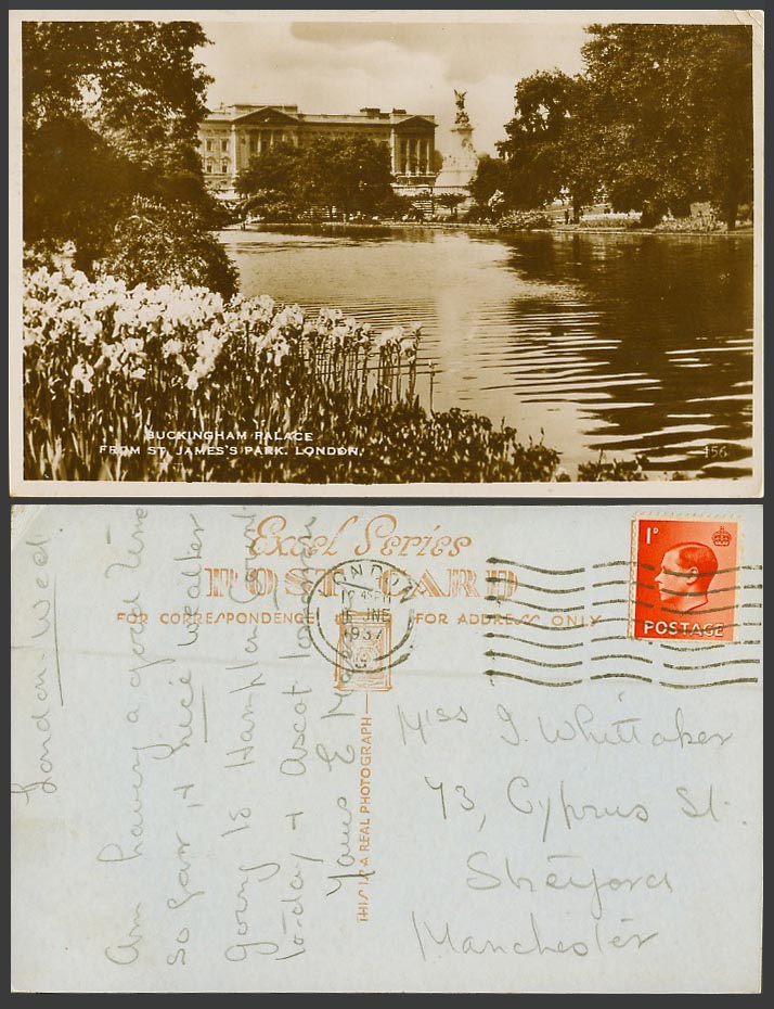 London 1937 Old Real Photo Postcard Buckingham Palace from St. James's Park Lake