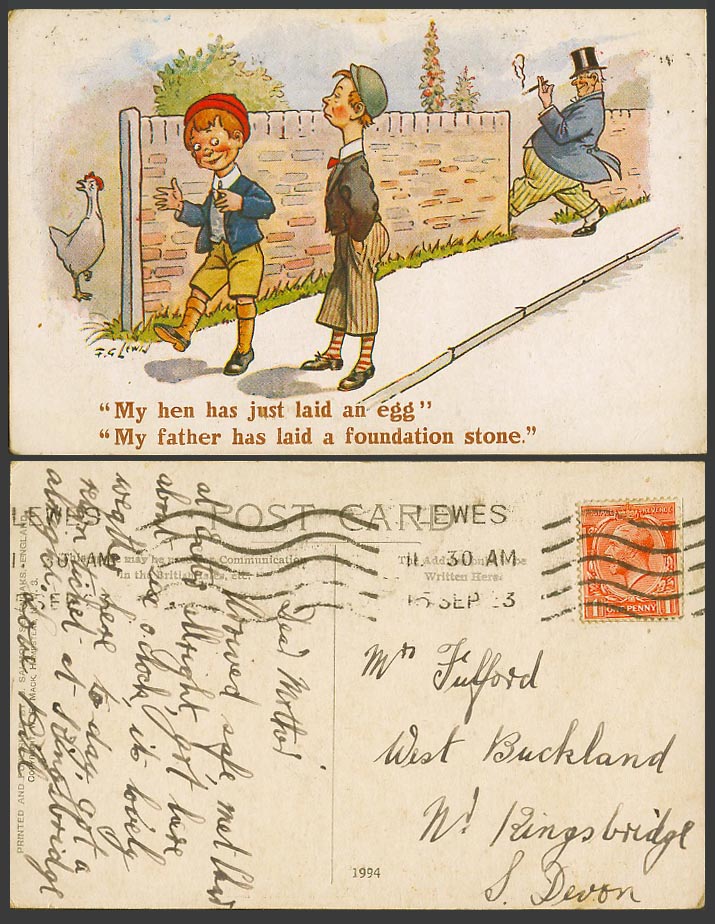 FG Lewin 1923 Old Postcard My Hen Just Laid an Egg, Father Laid a Fountain Stone