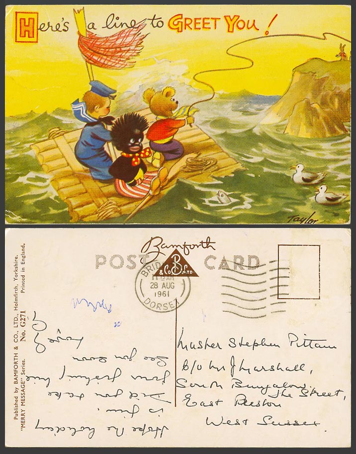 Taylor, Teddy Bear & Doll on Raft, Here's a Line to Greet You 1961 Old Postcard