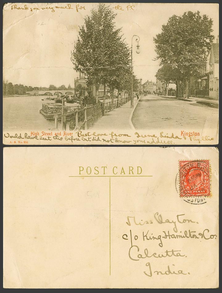 Kingston High Street and River, Bridge Boats, Surrey  1904 Old Postcard to India
