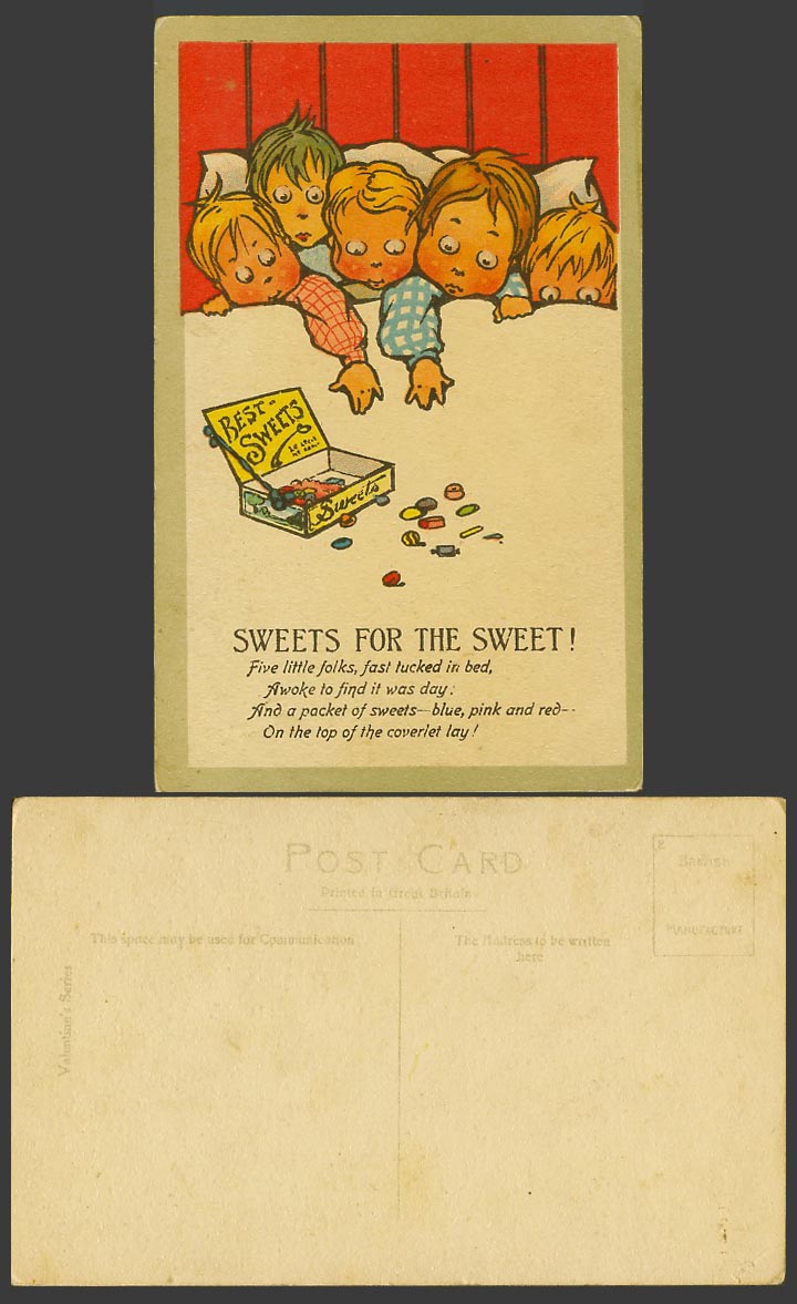 Packet of Best Sweets for the Sweet Five Little Folks Tucked in Bed Old Postcard