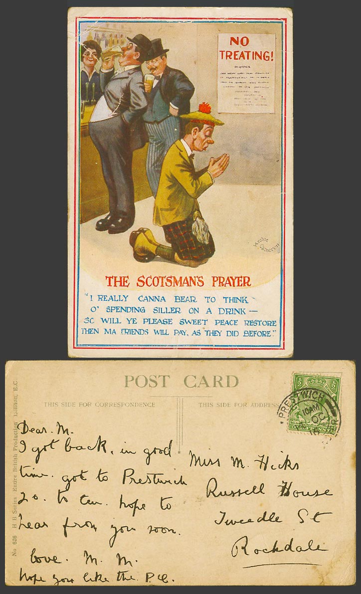 The Scotsman's Prayer No Treating! Drinking Beer Pub Bar Comic 1916 Old Postcard