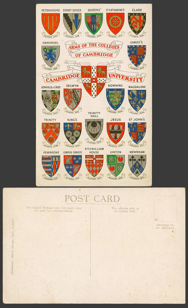 University of Cambridge, Coat of Arms of The Colleges Old Postcard Alfred Savage