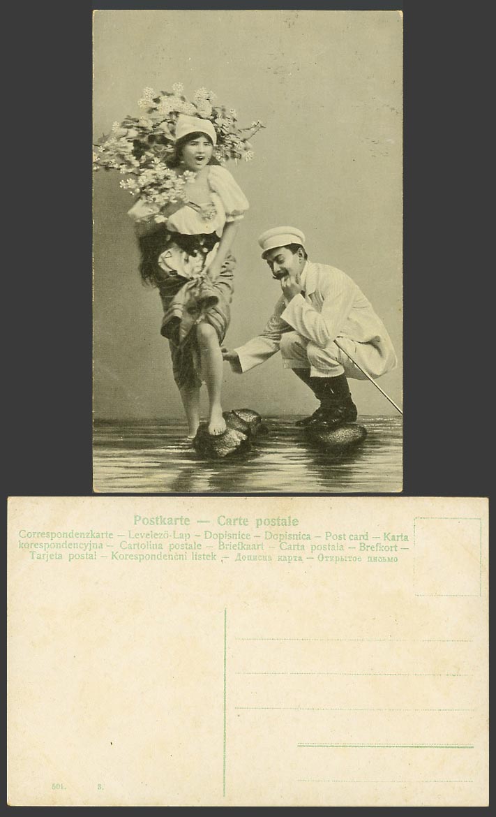 Romance Man and Woman Lady Standing on Rocks Stones Flowers Old Postcard 501. 3.