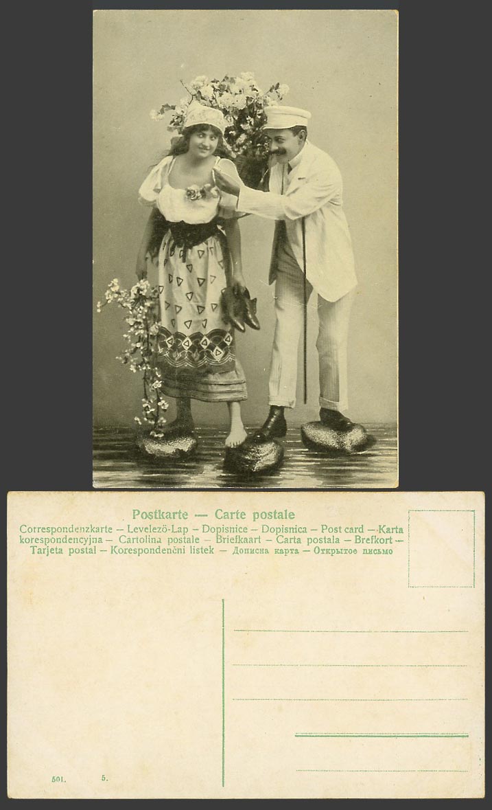 Romance Man and Woman Lady Standing on Rocks Stones Flowers Old Postcard 501. 5.