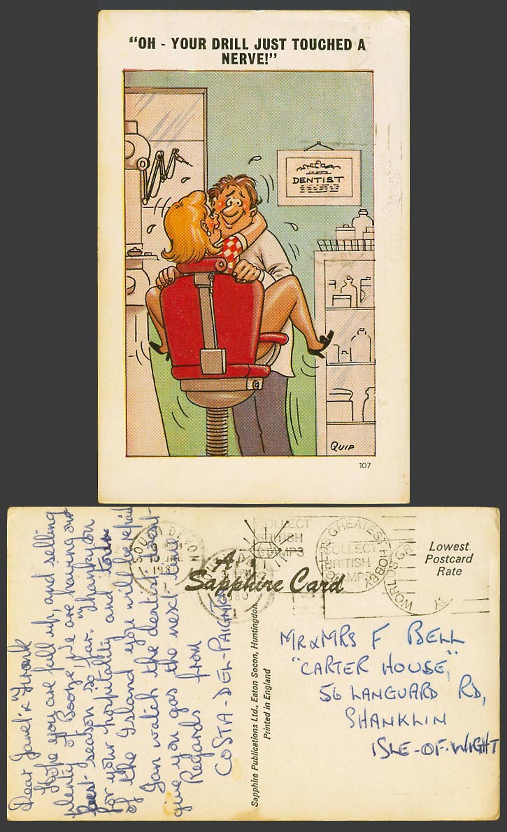 Saucy Comic Humour Postcard Dentist & Lady, Oh - Your Drill Just Touched a Nerve
