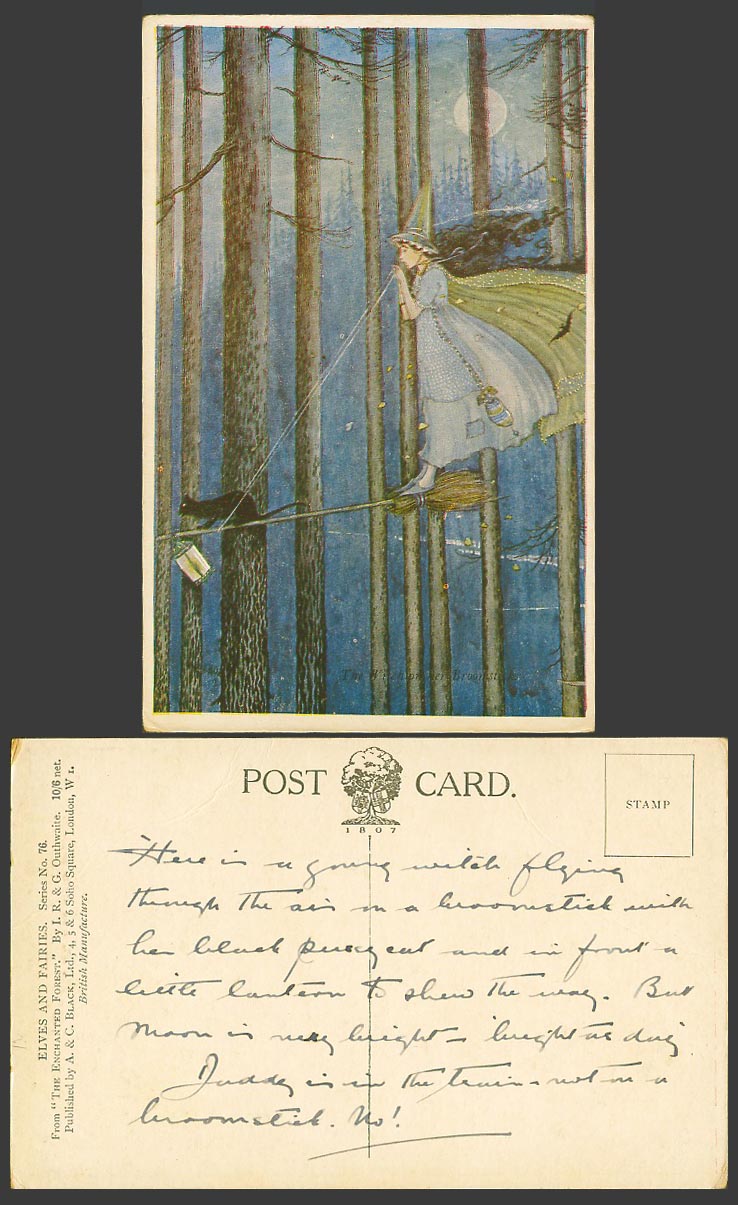I.R. & G. Outhwaite Old Postcard The Witch on Her Broomstick, Black Cat Moon Bat