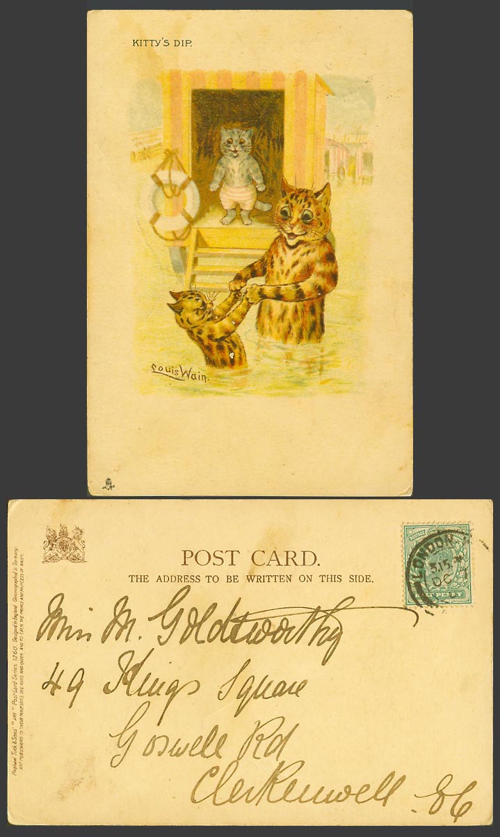 LOUIS WAIN Cats Kittens Kitty's Dip, Bathing Machine 1904 Old Tuck's UB Postcard
