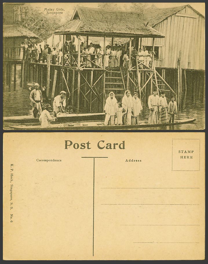 Singapore Old Postcard Malay Girls & Women, Native Houses on Stilts Canoes Boats