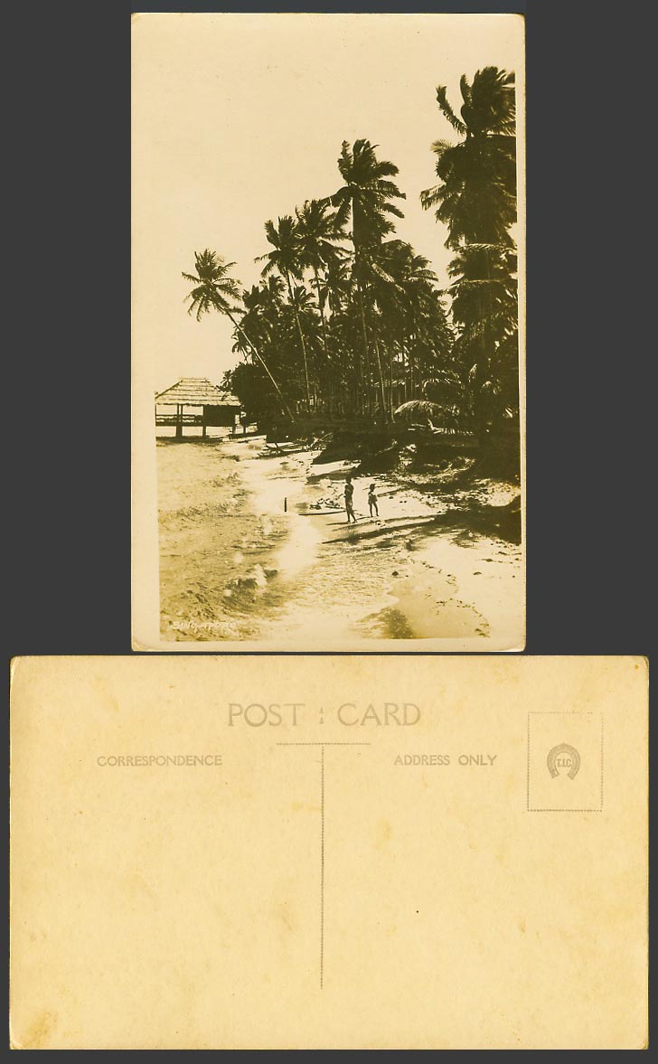 Singapore Old Real Photo Postcard Tanjong Katong Beach, Palm Trees, Hut, Seaside