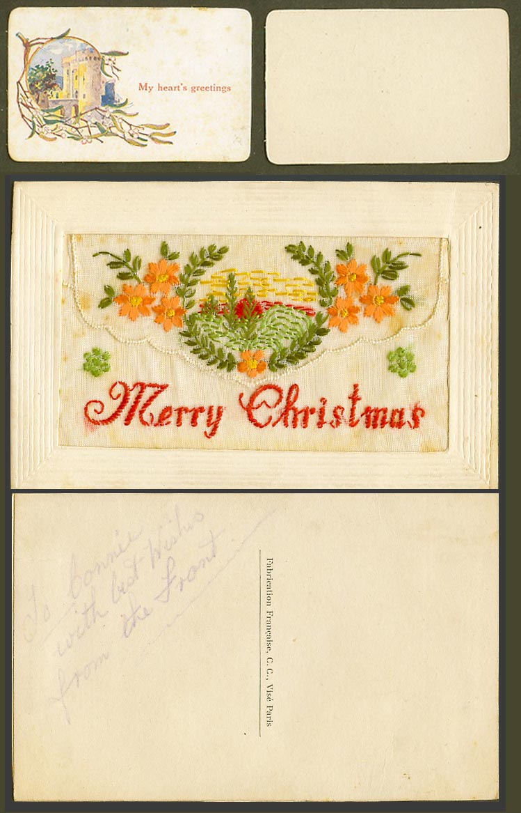 WW1 SILK Embroidered Old Postcard Merry Christmas My Heart's Greetings in Wallet