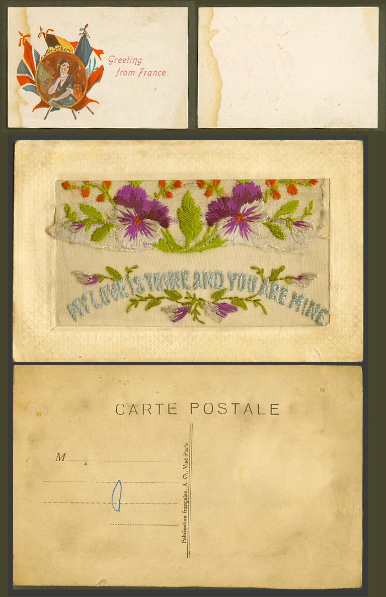 WW1 SILK Embroidered Old Postcard My Love is True and You Are Mine Flower Wallet