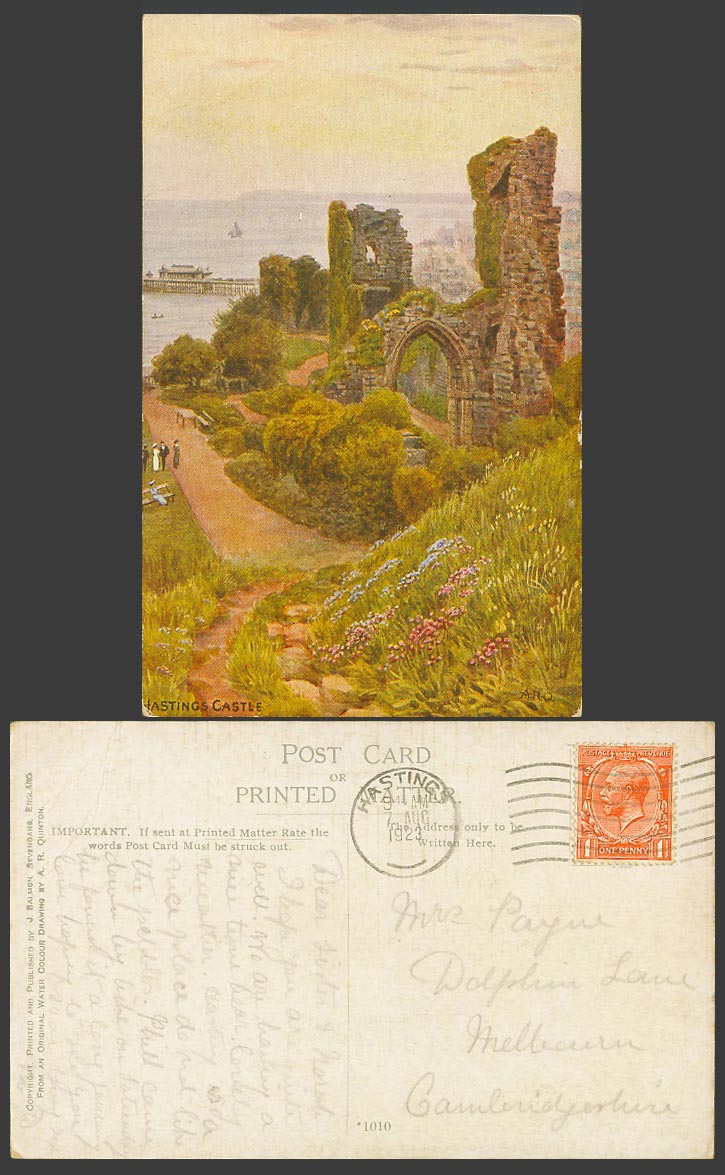 AR Quinton 1923 Old Postcard Hastings Castle Ruins Pier Jetty Flower Sussex 1010