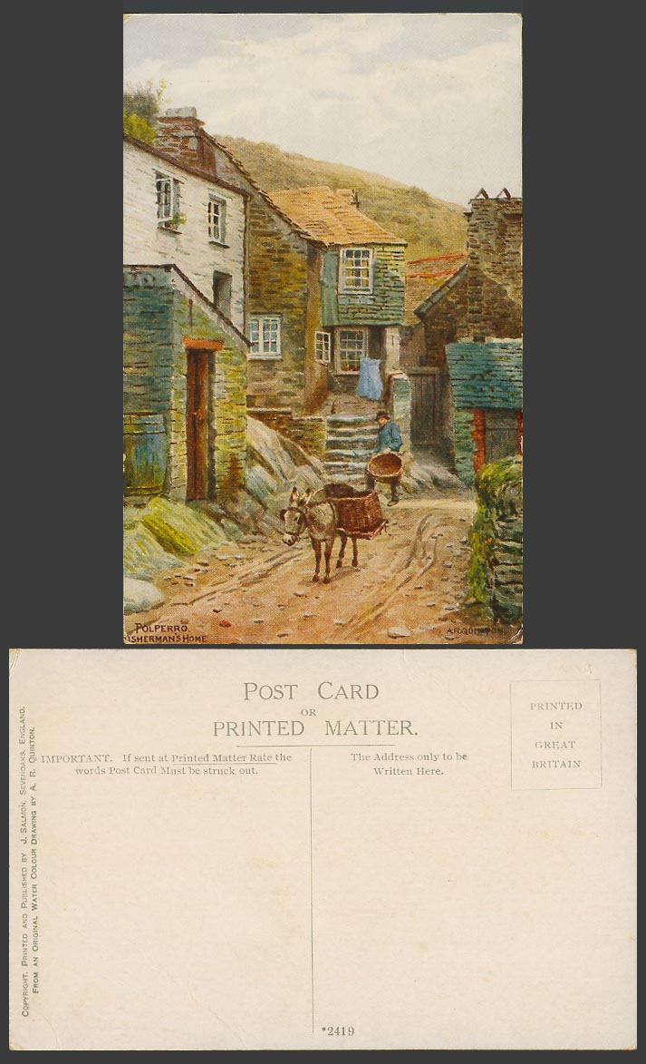A.R. Quinton Old Postcard Polperro Fisherman's Home, Street Donkey Cornwall 2419
