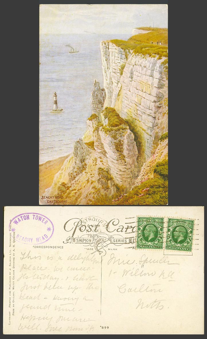 AR Quinton 1936 Old Postcard BEACHY HEAD Eastbourne Lighthouse Cliffs Coast 899