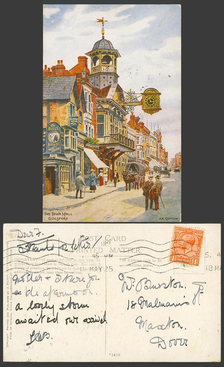 AR Quinton 1925 Old Postcard Town Hall Guildford, Surrey Street Bull's Head 1418