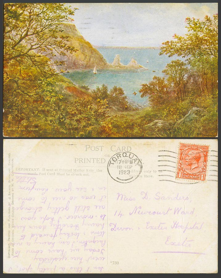 Anstey's Cove Torquay Devon Boat W.W. Quatremain Artist Signed 1923 Old Postcard