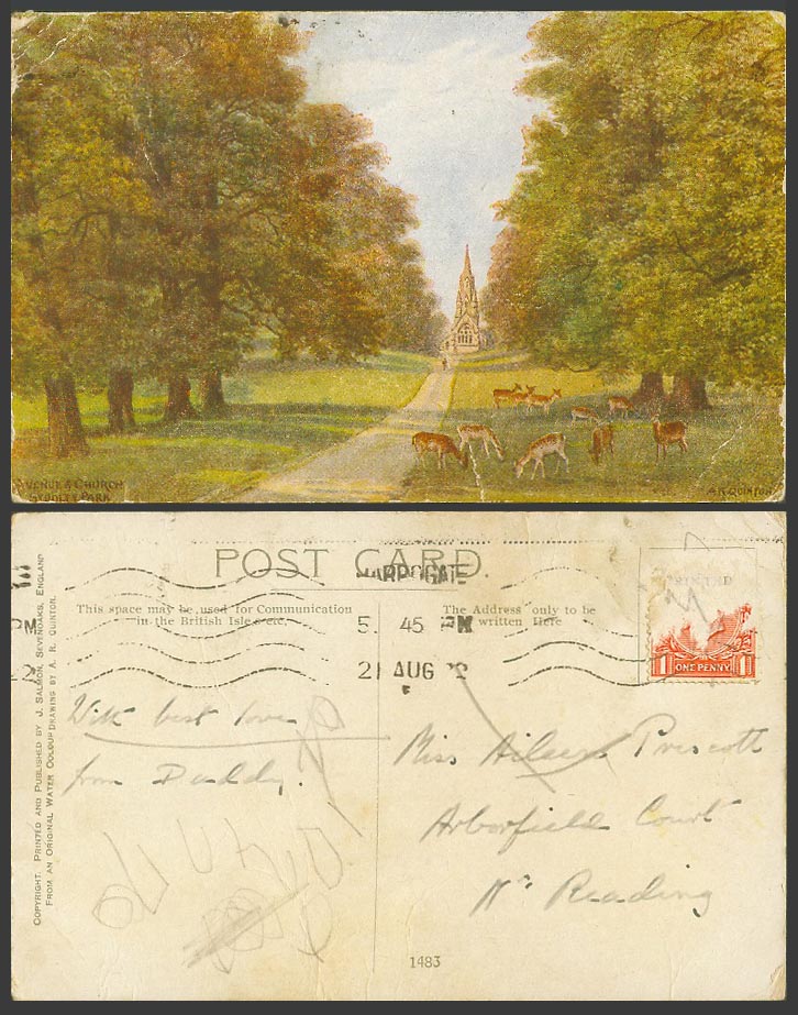 A.R. Quinton Old Postcard Studley Park Avenue St Mary's Church Deer Grazing 1483