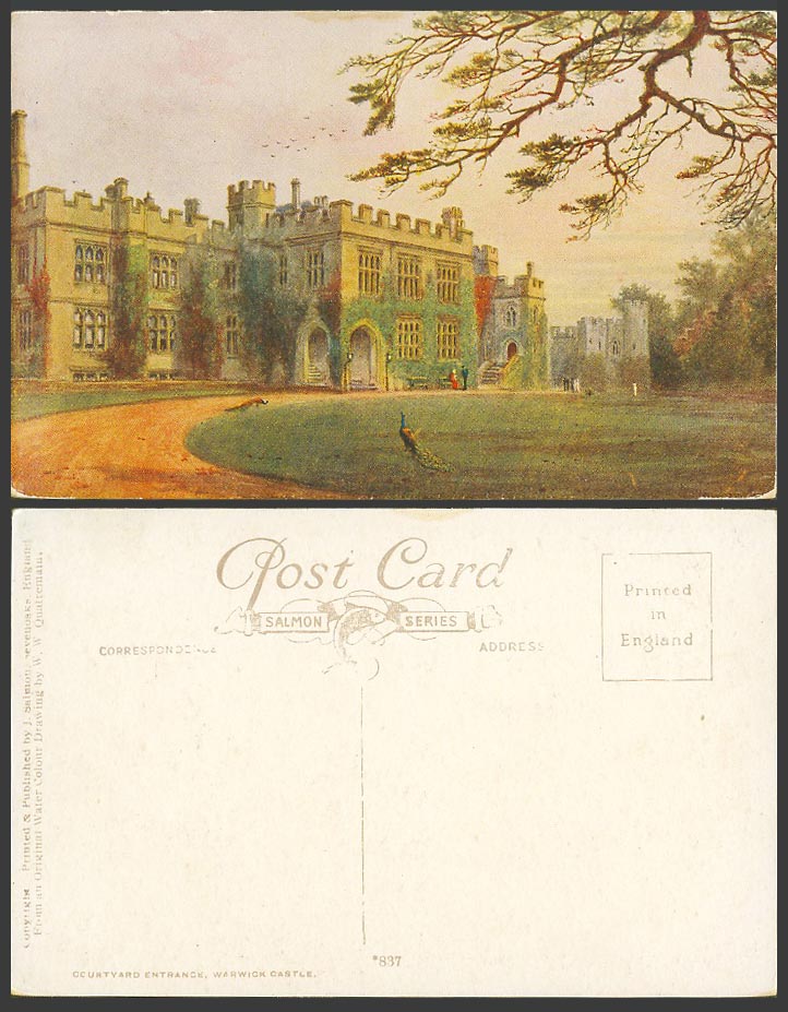 A.R. Quinton Old Postcard Warwick Castle Courtyard Entrance Peacock Bird ARQ 837