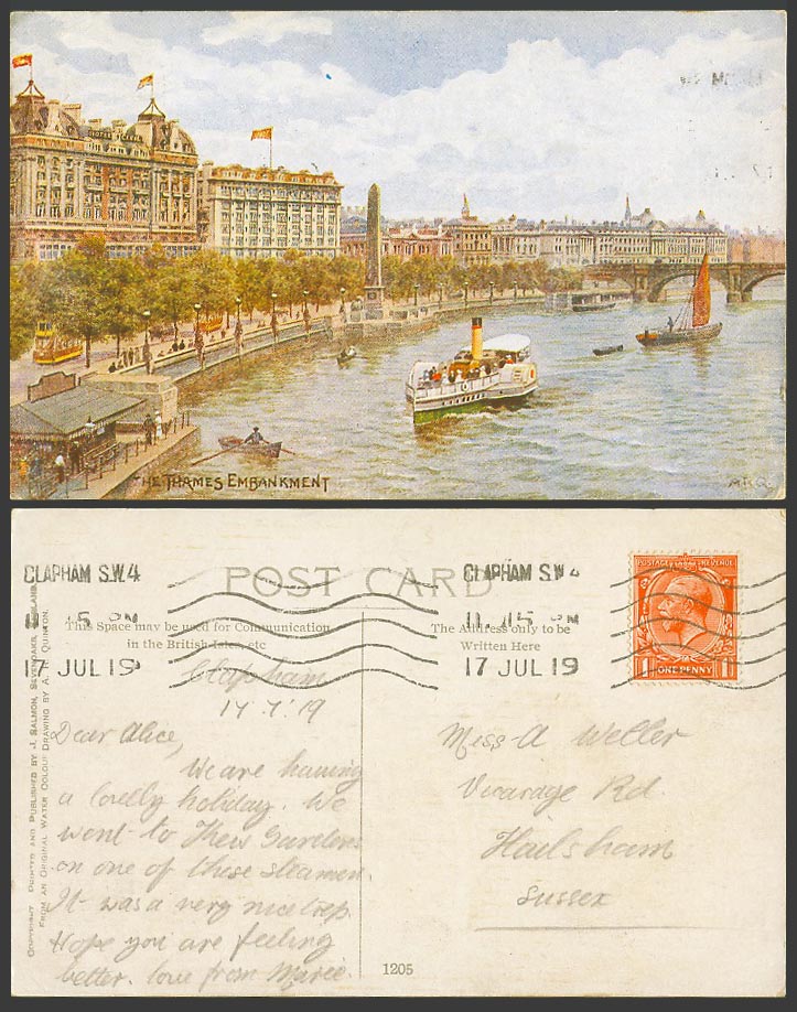 A.R. Quinton 1919 Old Postcard Thames Embankment London, Cleopatra's Needle 1205