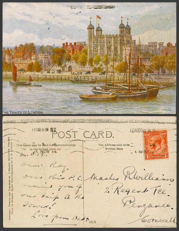 AR Quinton 1919 Old Postcard The Tower of London Sailing Boat Boats Harbour 1056
