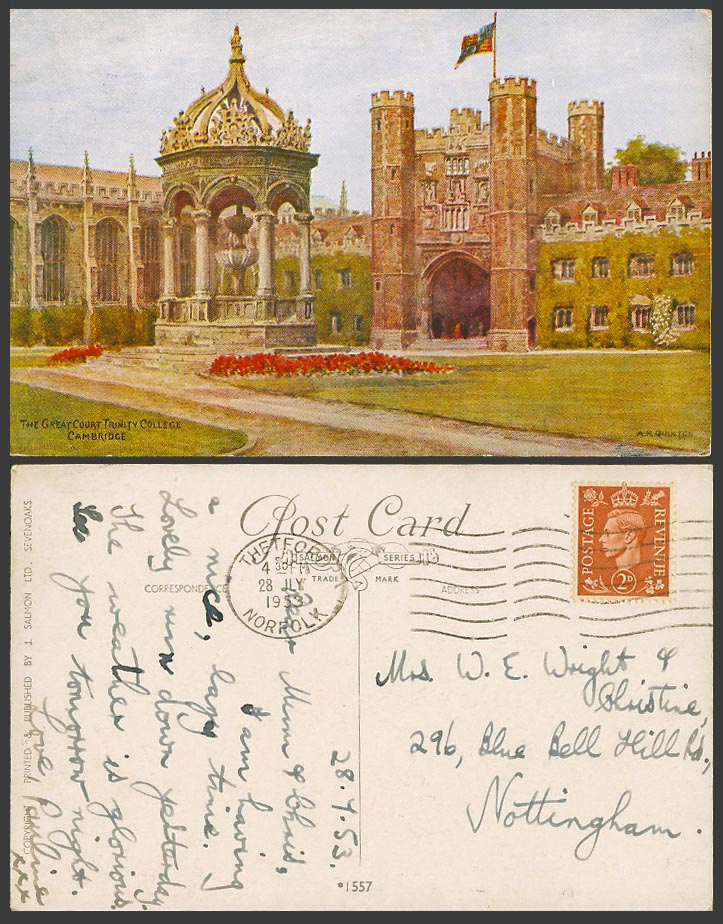 AR Quinton Old Postcard The Great Court Trinity College Fountain, Cambridge 1557