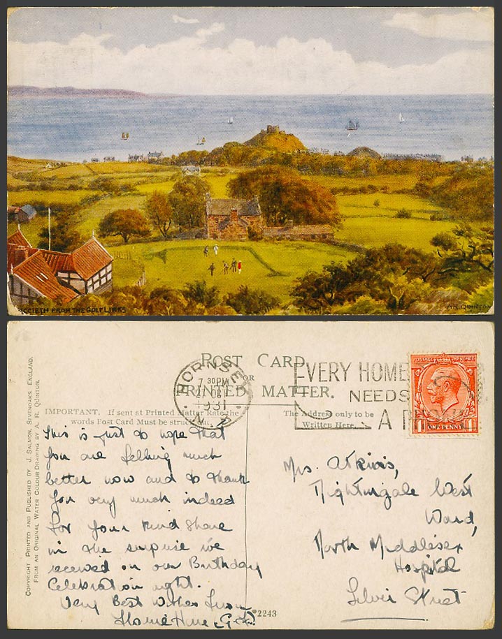 AR Quinton 1931 Old Postcard Criccieth from The Golf Links Golfers, Golfing 2243
