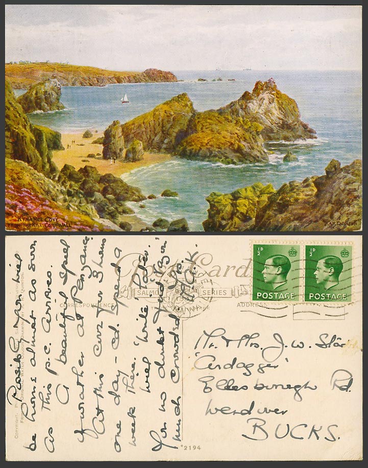 AR Quinton 1937 Old Postcard Kynance Cove from Hill Beach Panorama Cornwall 2194