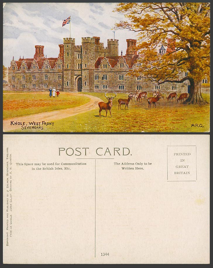 A.R. Quinton Old Postcard Knole West Front Deer Sevenoaks British Flag Kent 1344