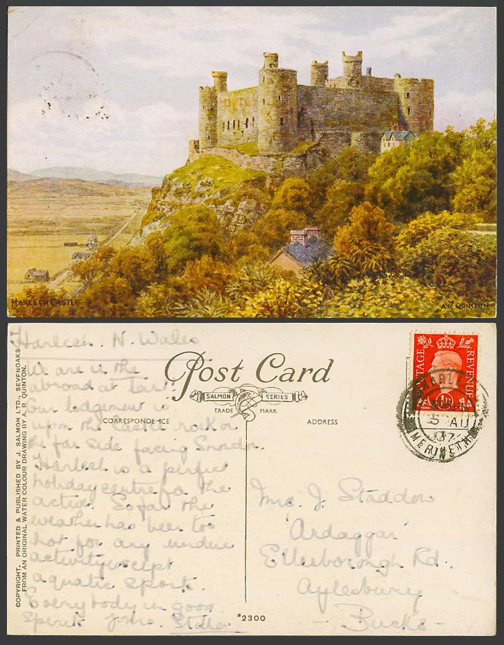 A.R. Quinton 1937 Old Postcard HARLECH CASTLE Gwynedd Wales A.R.Q. J Salmon 2300